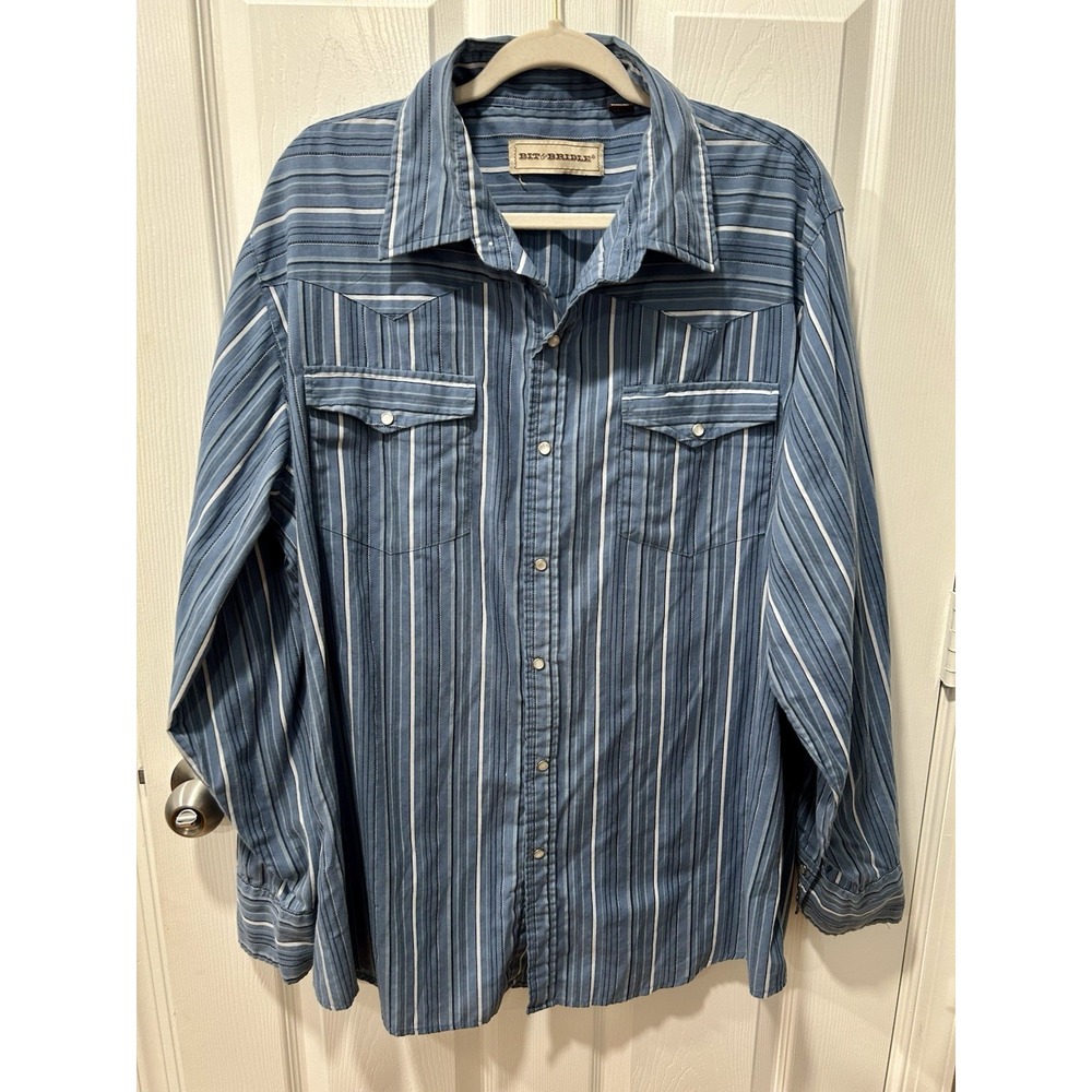 Bit & Bridle Men's Shirt‎ Western Pearl Snaps Long Sleeves Blue Stripes Sz 2XL